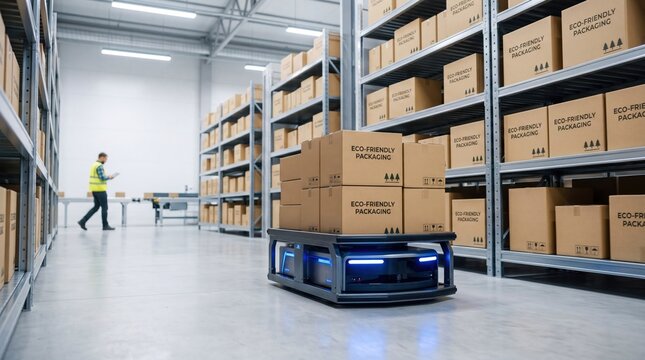 Autonomous mobile robot transporting eco-friendly cardboard boxes in modern automated warehouse aisle with shelves and worker in background for logistics concept.