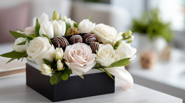 Elegant gift hamper filled with flowers, chocolates and ribbon on a light background, premium holiday gifting concept, with copy space