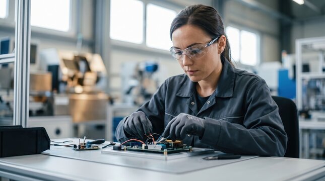 Focused female engineer wearing safety glasses and gloves repairing electronic circuit board at industrial workbench, technology maintenance and manufacturing concept in factory