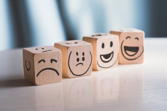 Set of wooden blocks with different facial expressions representing emotional progression from sadness to happiness
