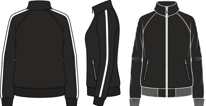 Women&rsquo;s Raglan Sleeve Zip Up Track Jacket Fashion Flat Sketch Vector Set Featuring Side Stripe Detail and Ribbed Cuffs