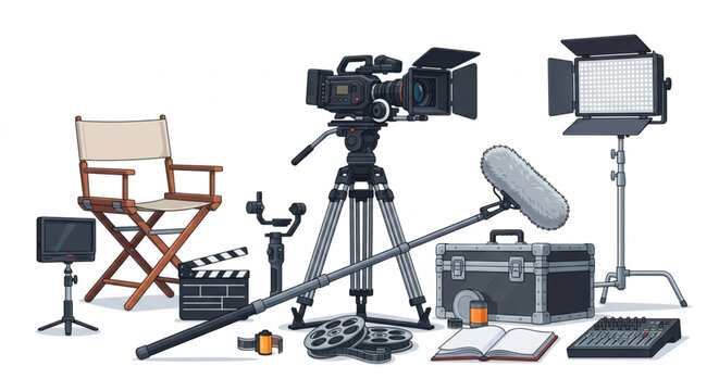 Filmmaking Equipment Collection Camera, Lights, Audio Gear, and Accessories for Video Production