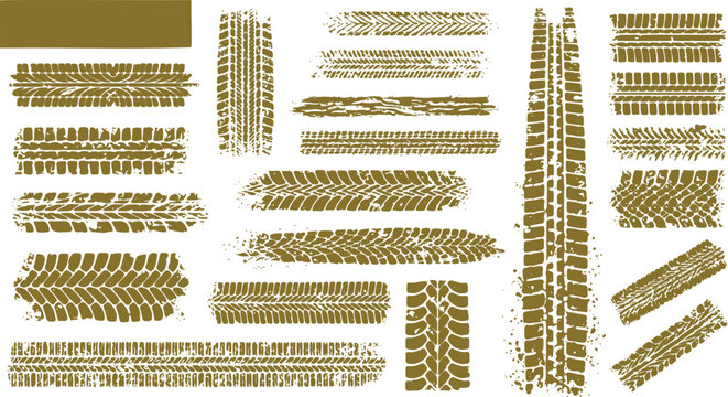 Collection of various tire tread marks and off-road vehicle tracks in gold color isolated on white background