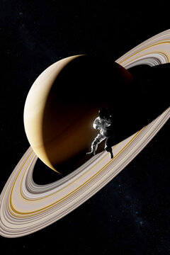 3D Saturn eclipse astronaut drifts through orbital shadow
