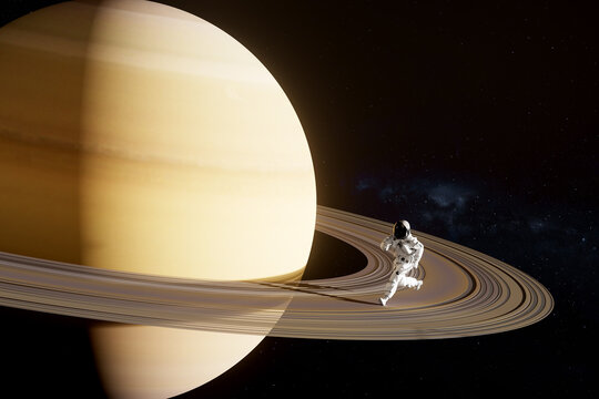 3D Saturn ringwalk astronaut crosses planetary orbit