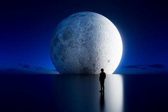 3D lunar silhouette horizon rises above reflective surface