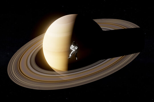 3D Saturn shadow explorer floats near dark ring system