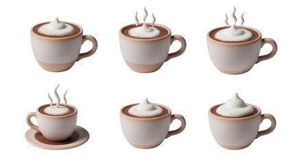 Obraz premium six clay mugs of warm drink with whipped cream against a white background a cafe advertisement or winter social media post