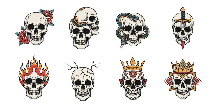 Skulls illustrations set decorative elements vector graphic