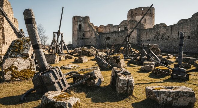 Crumbling Castle Ruins with Medieval Siege Weapons