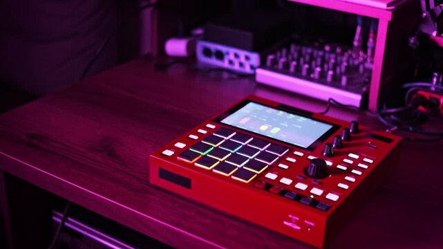 A beatmaker with colorful pulsating RGB lights on its pads and buttons sits on a wooden studio desk. The ambient lighting of the studio changes color to match the rhythm.