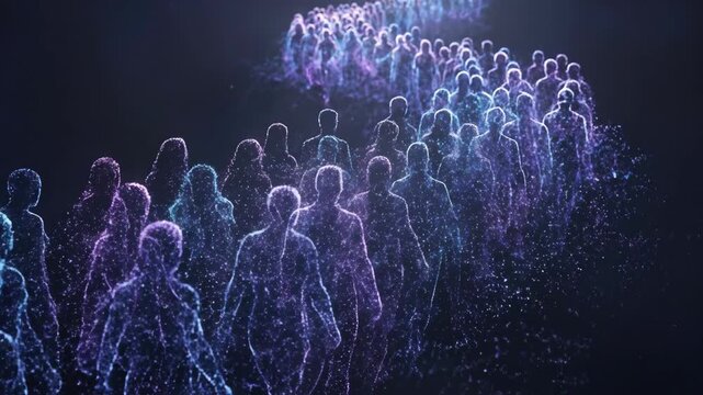 Ethereal crowd of silhouetted figures ascending glowing staircase in digital animation. Mixed people climbing luminous path symbolizing journey and elevation concept.
