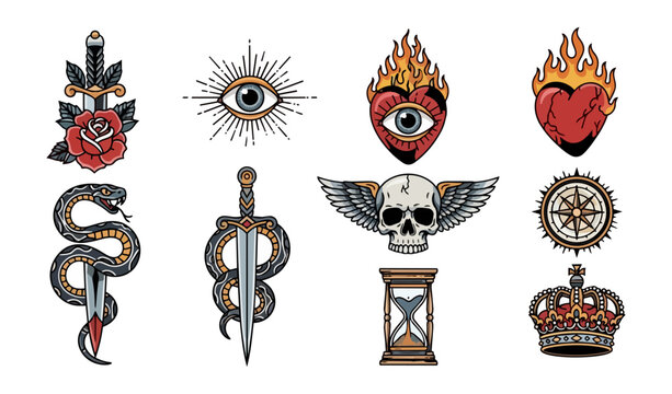 Vintage symbol set featuring dagger rose eye skull heart hourglass crown compass