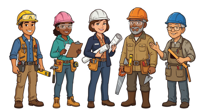 Diverse Construction Workers Team Vector Illustration Building Professionals Workforce Industrial Jobs Safety Equipment