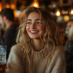 Obraz premium Smiling woman in cozy sweater sitting in bar with glass of beer, blurred background
