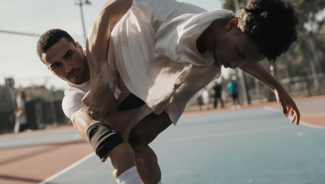 Two men wrestling on an outdoor court in a display of strength.