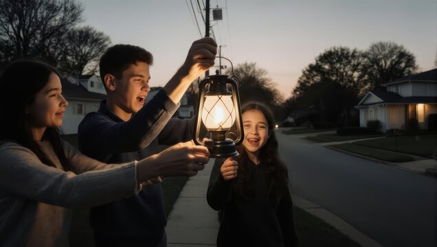 Three happy children gather around a glowing lantern at twilight.
