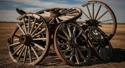 Fototapeta premium Pile of Broken Wooden Wagon Wheels Outdoors