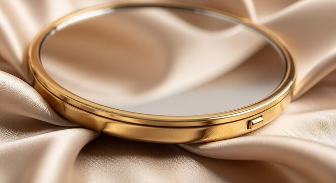 Elegant Vintage Gold Compact Mirror Resting on Luxurious Silk Fabric.