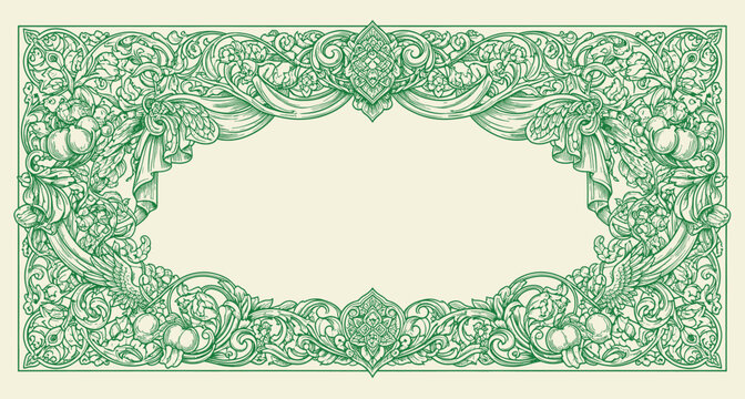 Ornate Green Border Frame with Floral Motifs and Central Ribbon