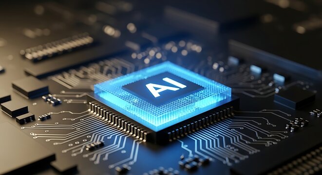 A close up of an AI chip on a circuit board highlighting advanced microelectronics.
