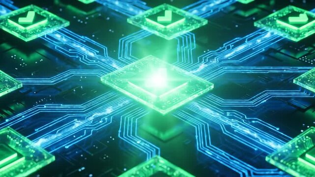 Digital circuit board with glowing green checkmarks activating. Energy pulses through electronic network. Technology verification and success animation concept.