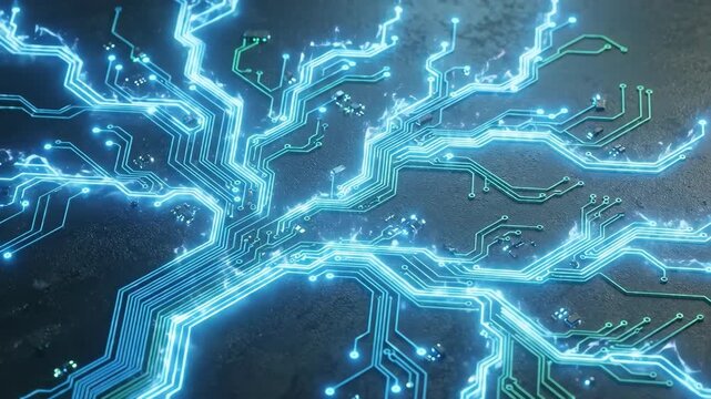 Glowing circuit branches expanding on dark surface in animation sequence. Digital neural network formation from simple lines to complex structure. Technology connectivity and futuristic growth