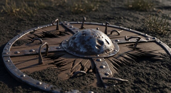 Fragmented Medieval Wooden Shield Boss on Textured Ground