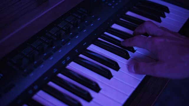 Hands play a melody on a black MIDI keyboard synthesizer with shifting red, purple, and blue neon lighting. Concept of music production, electronic composition, and creative studio workflow.
