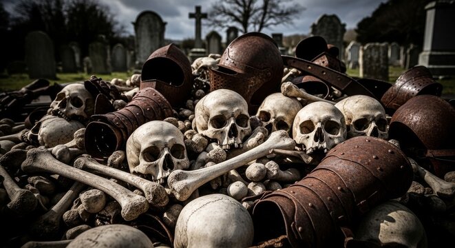 Pile of Skulls and Bones in Graveyard