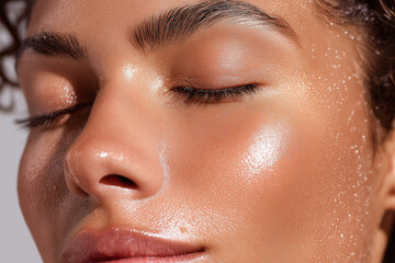 Fototapeta premium Glowing dewy skin close up with micro water droplets, smooth complexion, natural makeup, radiant cheek highlight, closed eye, fresh skincare texture
