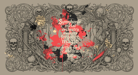 Naklejka premium Symphonic metal orchestra artwork with skulls and ornate borders