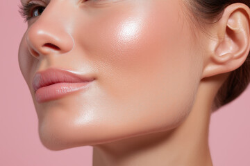 Fototapeta premium Glowing cheek blush pink skin close up radiant cheek luminous skin healthy skin natural makeup