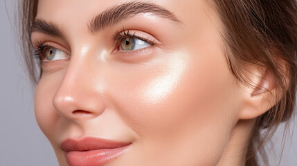 Fototapeta premium Glowing close up portrait of woman with rim light highlighting smooth skin texture and natural makeup, serene expression and soft smile showcasing cheekbone highlight and eyebrow detail