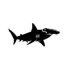 Obraz premium Silhouette of a hammerhead shark in black against a white background, isolated.