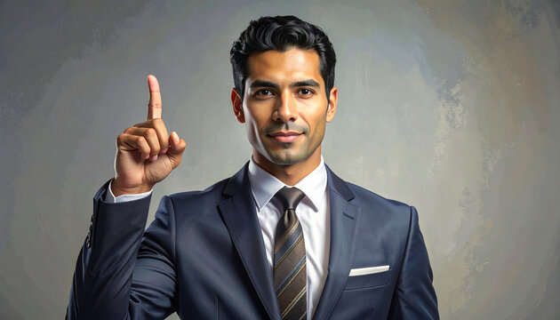 Businessman raising finger to give an idea on a gray background