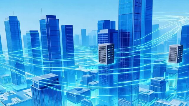 Futuristic cityscape with data towers