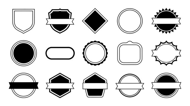 Assortment of fifteen graphic design elements including shields circles badges banners with blank space