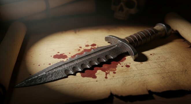 Rusted Dagger with Bloodstains on Wooden Surface