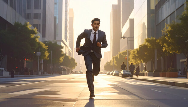 Businessman runs forward on city street chasing success in suit