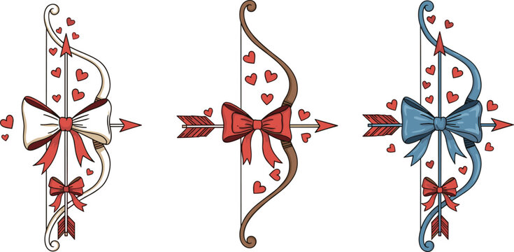Cupid bow and arrow Valentine vector set with three decorative love bows red hearts ribbon ornate romantic holiday celebration illustration design collection
