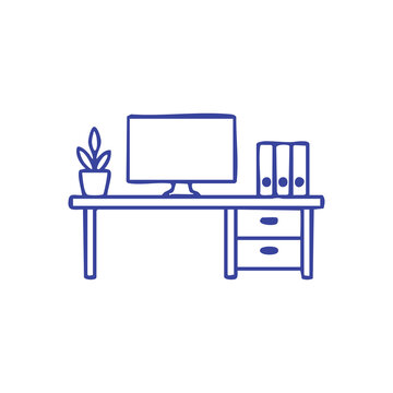 Hand drawn doodle of a home office workspace desk with computer.