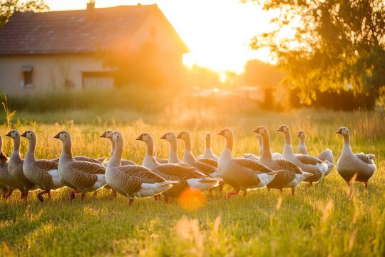 Geese walking in a meadow near a farmhouse during sunset with sun flare in the background