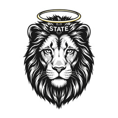 Obraz premium Majestic Lion Head with Halo and 'STATE' Text - Symbol of Power, Royalty, and Divinity