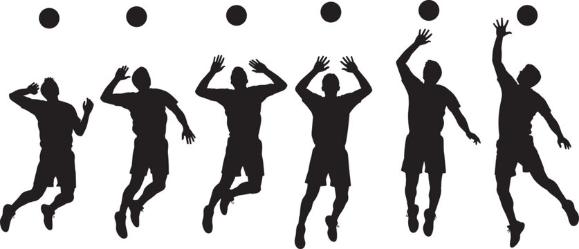 Flat vector illustration, volleyball player silhouettes, sequential serve spike motion artwork, dynamic sports action design, athletic progression, ball striking concept