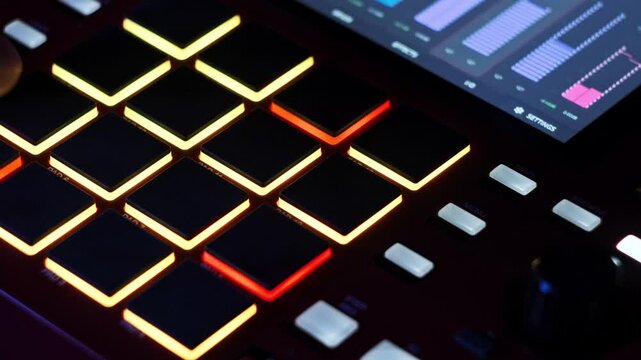 Overhead close-up of a musician hands pressing multi-colored light-up drum pads on a digital beat production workstation. The action creates a complex rhythm.