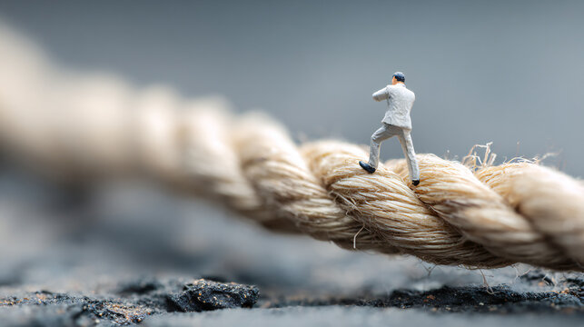 Businessman walking on rope symbolizing risk, balance, and decision making in uncertain business environment and financial strategy.