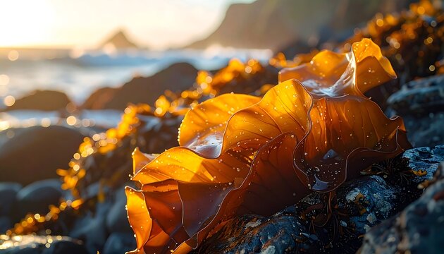 Giant Brown Kelp Seaweed Washed Ashore on Rocky Beach at Golden Hour