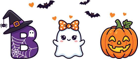 Halloween themed cartoon characters with ghost, pumpkin and witch hat on letter b isolated on white background © firoz