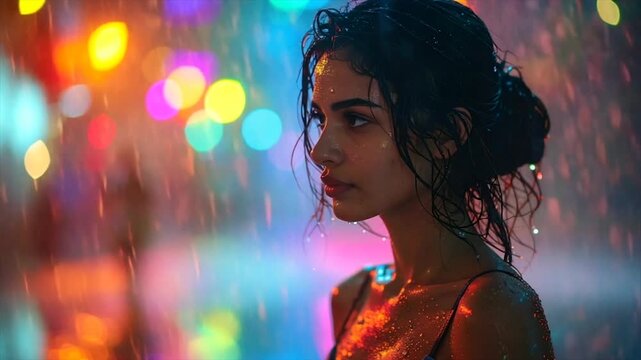 A wet woman gazes through rain with bokeh lights. Her hair and skin glisten